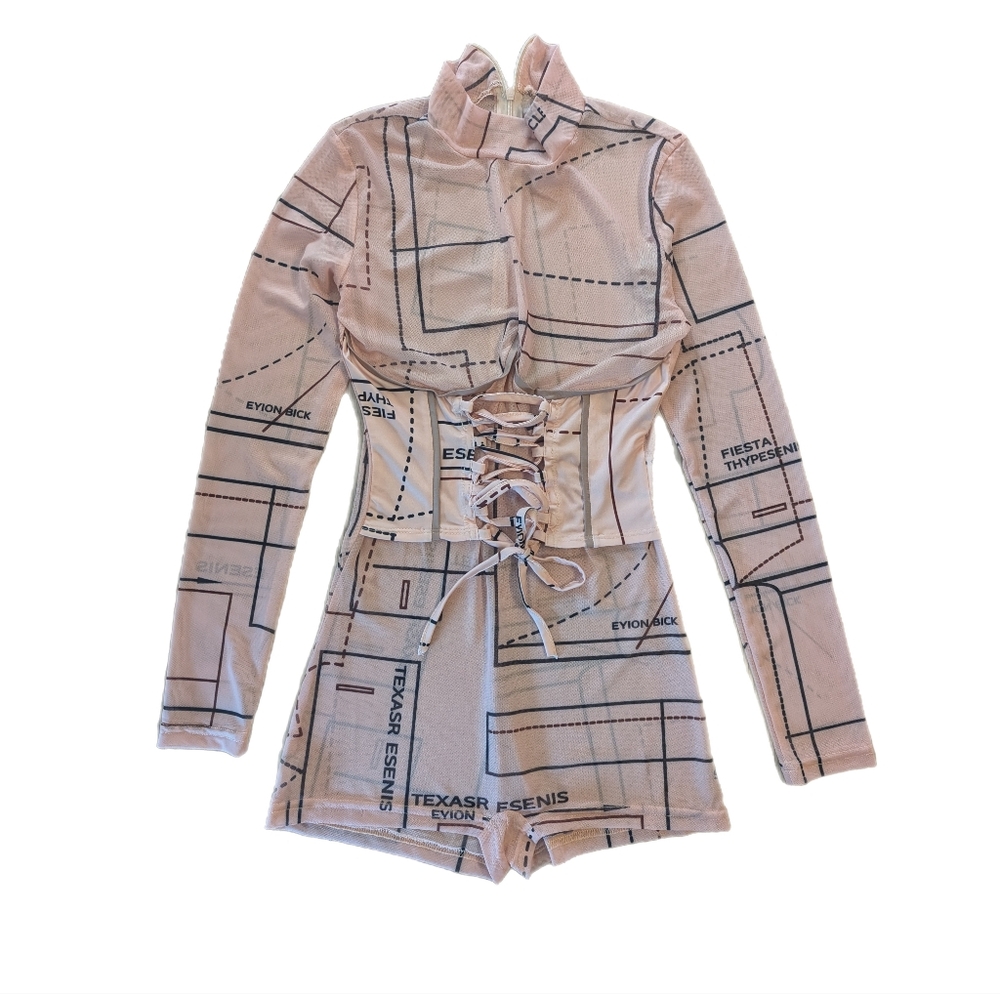 Beige long sleeve mesh see through bodysuit with corset details